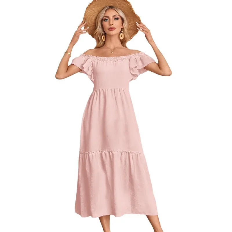 2025 printemps doux Sle transfrontalier femmes Dr oulder Bared gaze jupe a-ligne ort Sve col carré mouche Sve