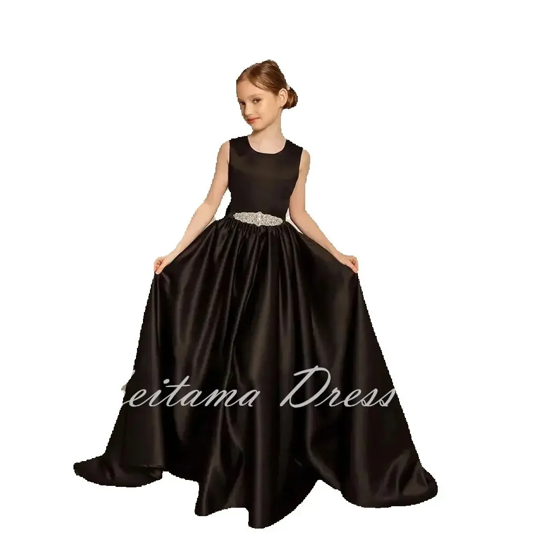 Schwarzes Satin Blumen mädchen Kleid für Hochzeit rücken frei ärmel los mit Bogen Leistung Geburtstag Prinzessin Kleid Ballkleider