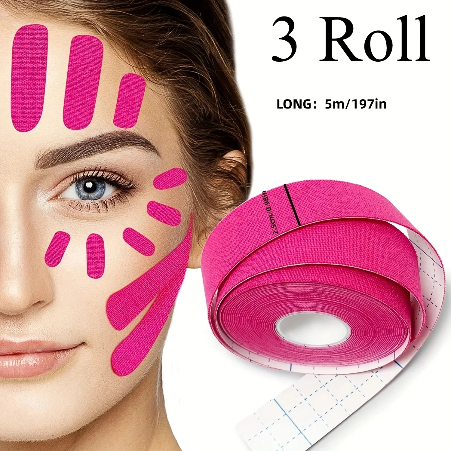 3 Rolls Facial Kinesiology Tape, 5M Elastic Face Lifting Tape 7 Colors Optional, Anti Wrinkle Skin Tightening Beauty Muscle Tape