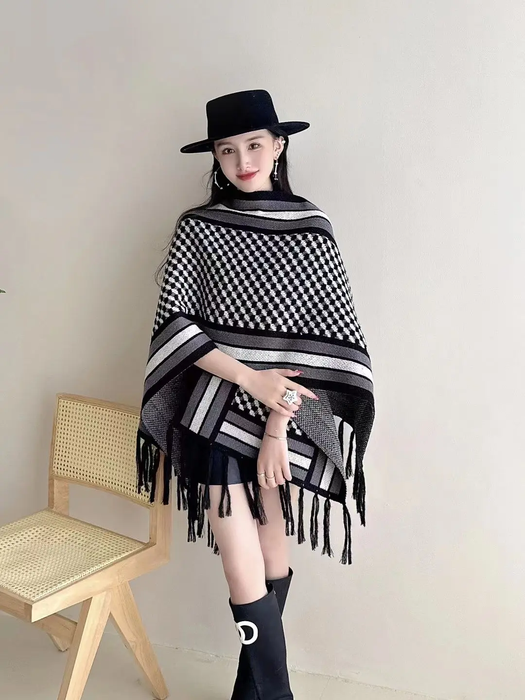 Poncho de caxemira feminino, europeu e americano, estilo étnico, capa borla, xale de viagem, lenços de outono e inverno