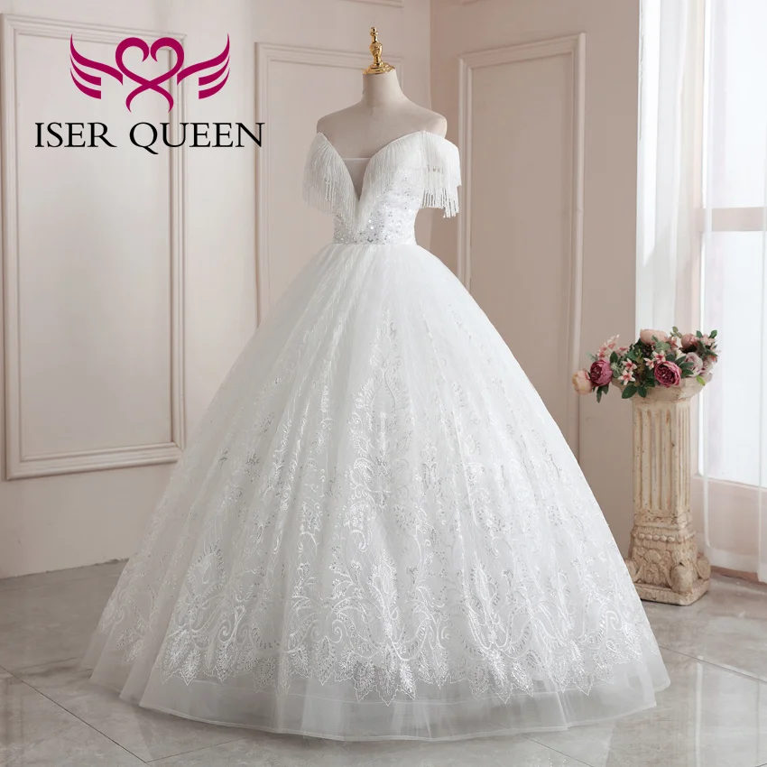 ที่กําหนดเองสีงาช้างเลื่อมประดับด้วยลูกปัดชุดบอลชุดแต่งงานเซ็กซี่ลึก V คอยุโรปแฟชั่นชุดเจ้าสาวสําหรับผู้หญิง WX0214