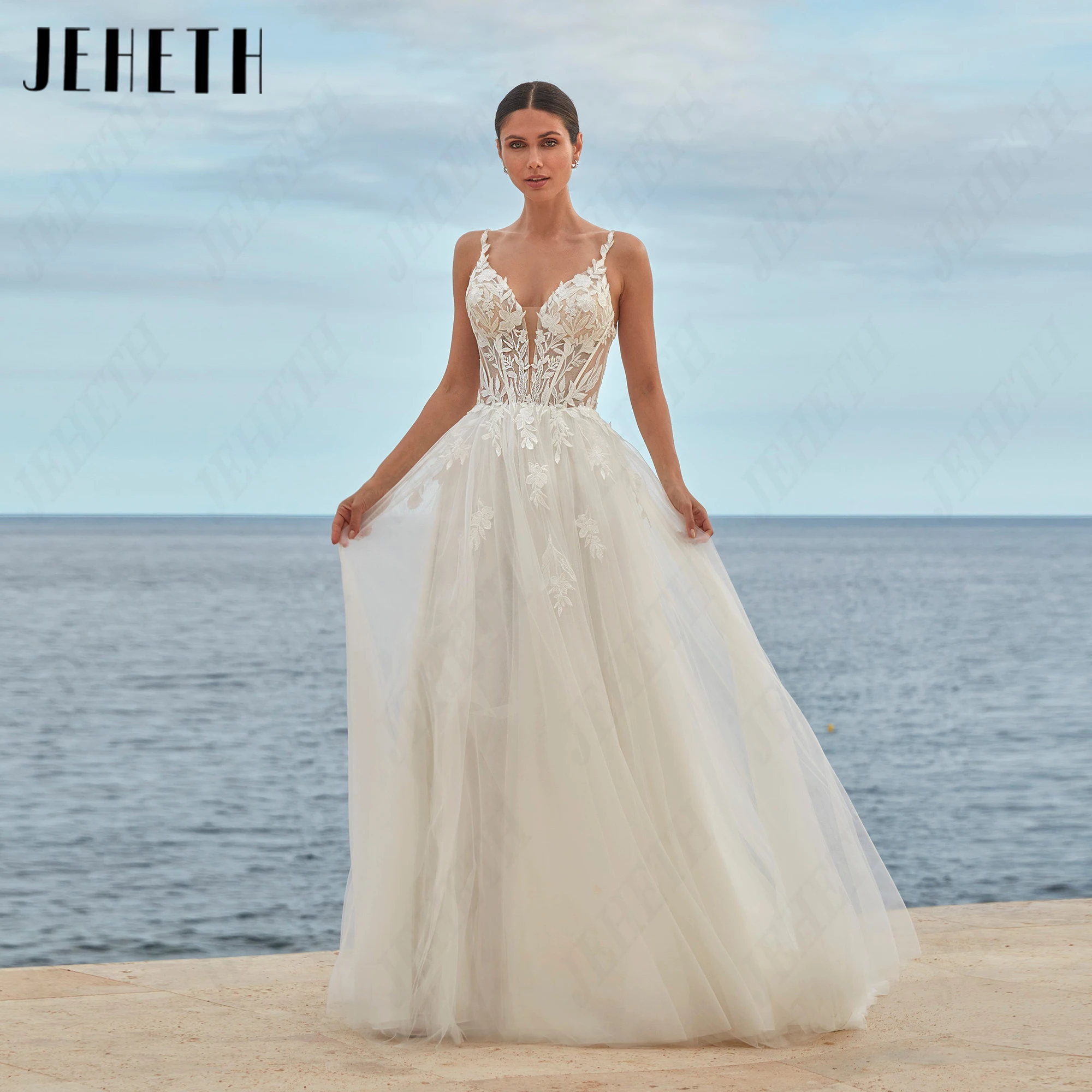 JEHETH A-Line Sleeveless V Back Wedding Dress Spaghetti Straps Personalized Bride Gown Luxury Tull 2027 Bridal Gowns Lace