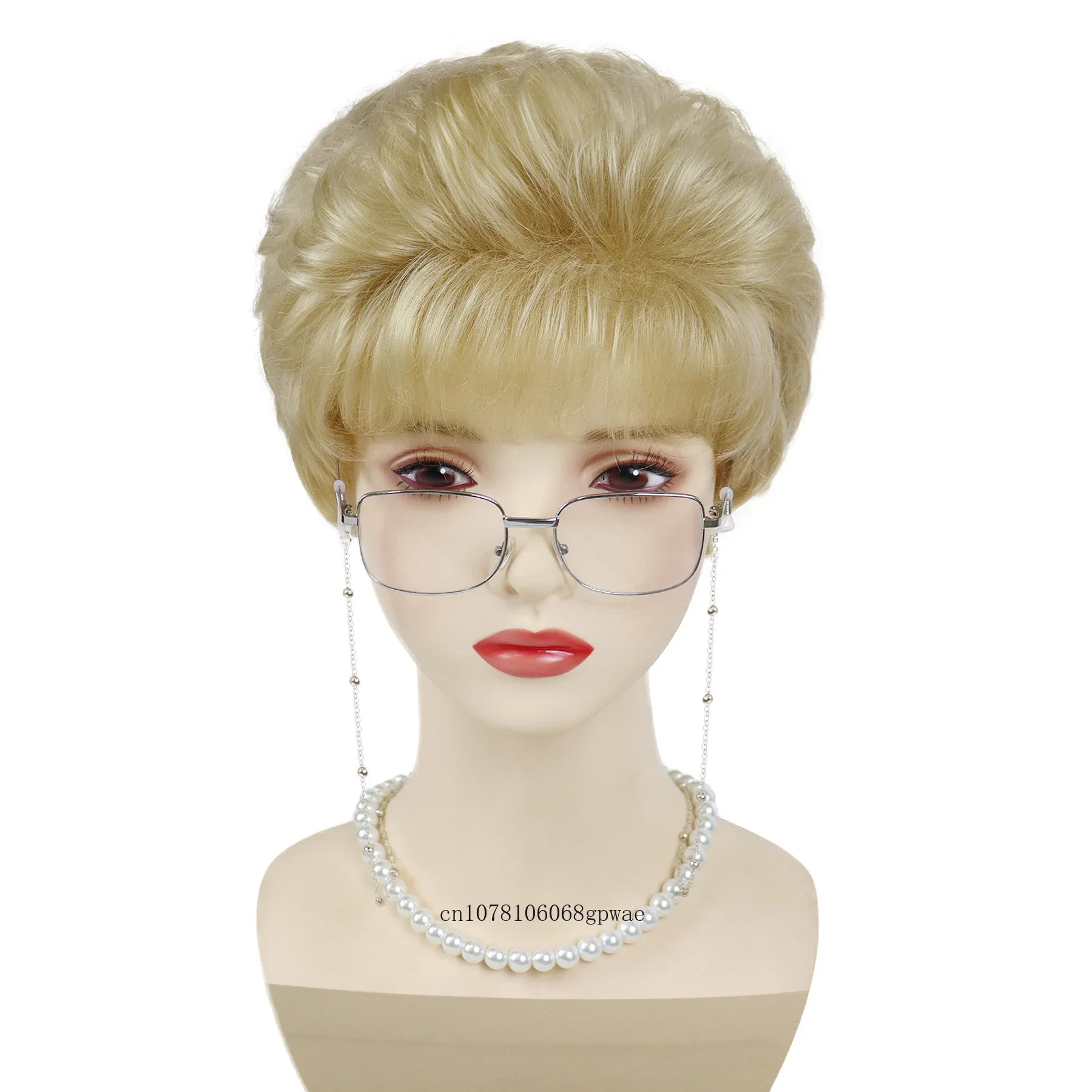 Synthetic Short Blonde Wigs for Women Older Granny Cosplay Costume Set with Glasses Chain Necklace Daily Blanche Halloween Wig