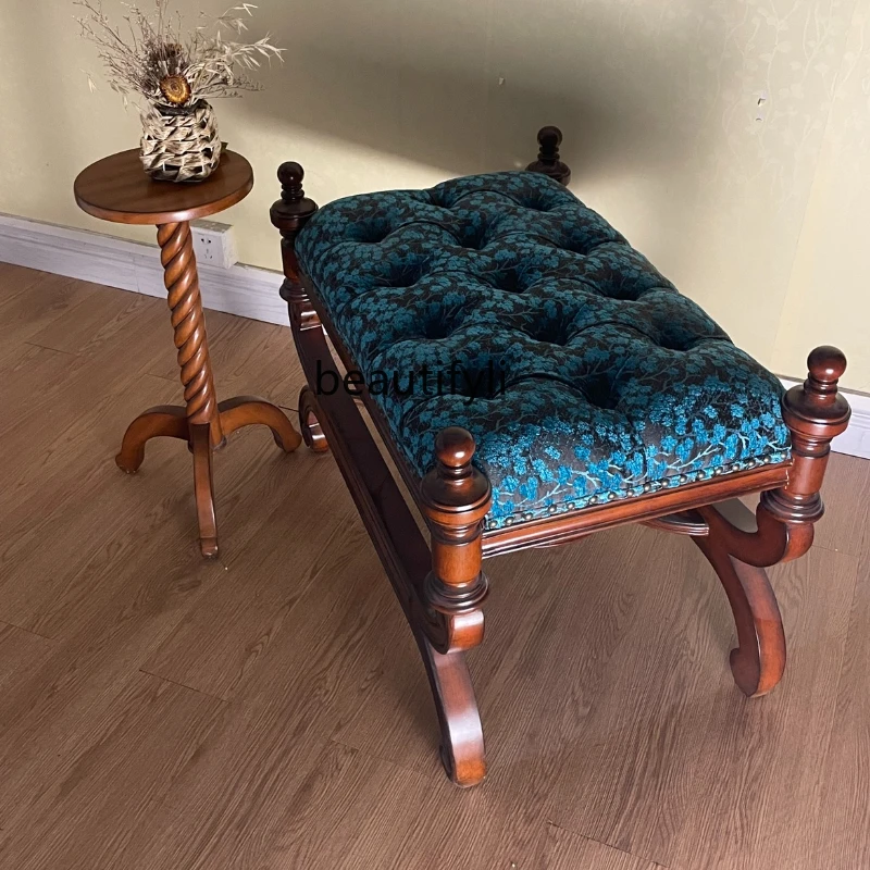 

Super Beautiful Solid Wood Blue Dressing Stool Low Stool Purple Fabric Matching Vintage Wood Color furniture