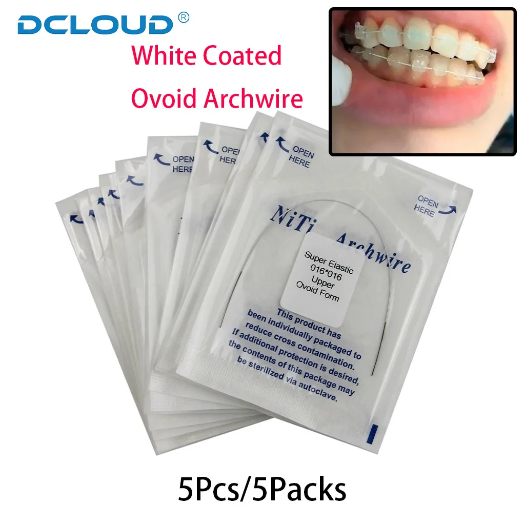5Packs Dental Kieferorthopädie Weiß Farbe Beschichtet Bogen Draht Niti Unsichtbare Drahtbogen Super Elastische Eiförmige Runde/Rechteckige Oberen/Unteren – Detail 4