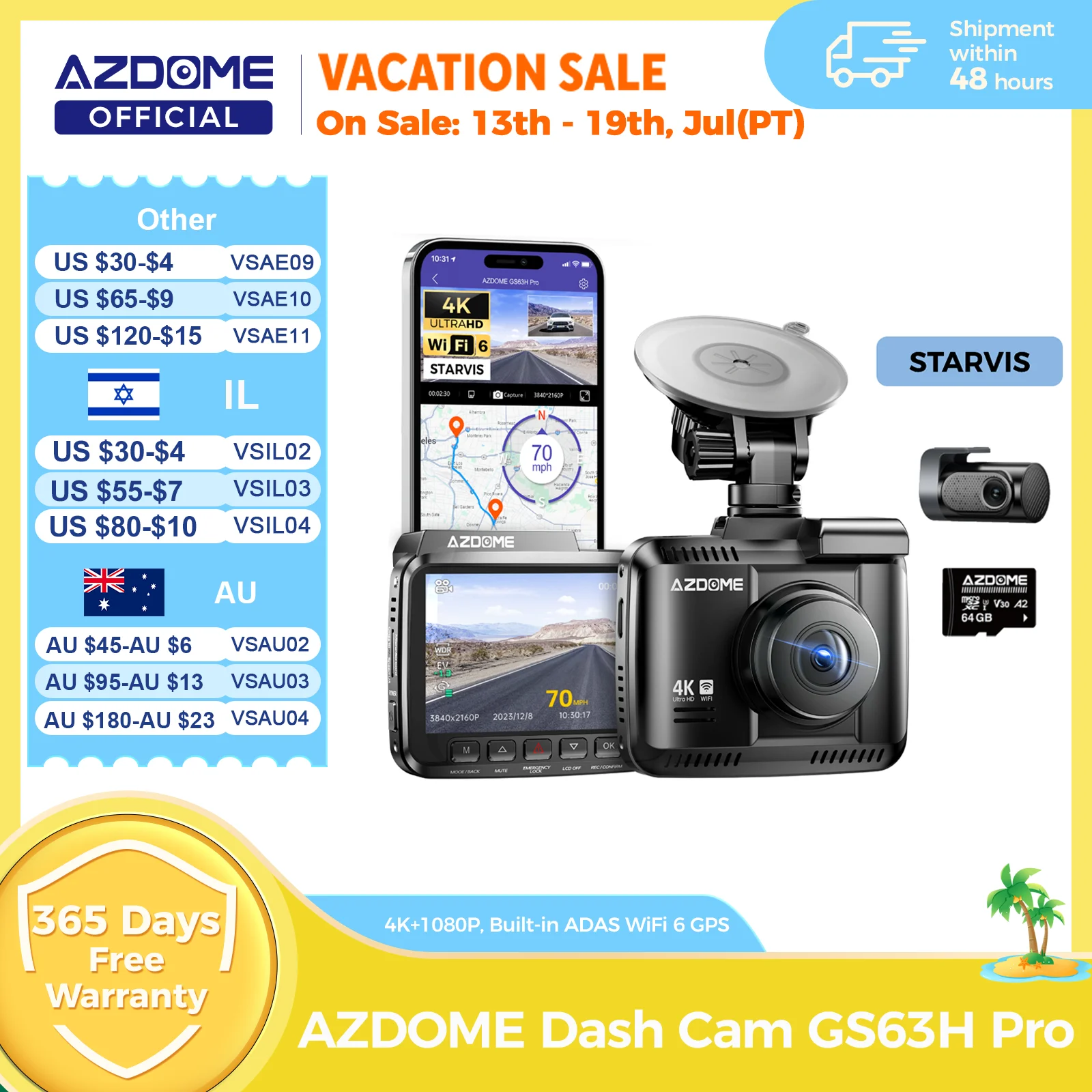 Kamera samochodowa AZDOME GS63H Pro 4K+1080P 2,4″ Ekran IPS 150 ° FOV Wbudowany rejestrator samochodowy ADAS…