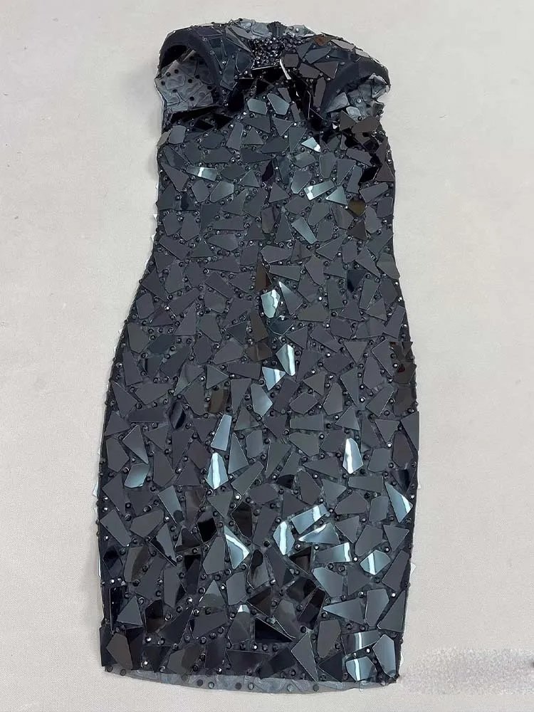 Robe élastique en maille noire, sexy, à paillettes, estampage à chaud, haute qualité, nouvelle mode, vêtements personnalisés pour femmes, 2025