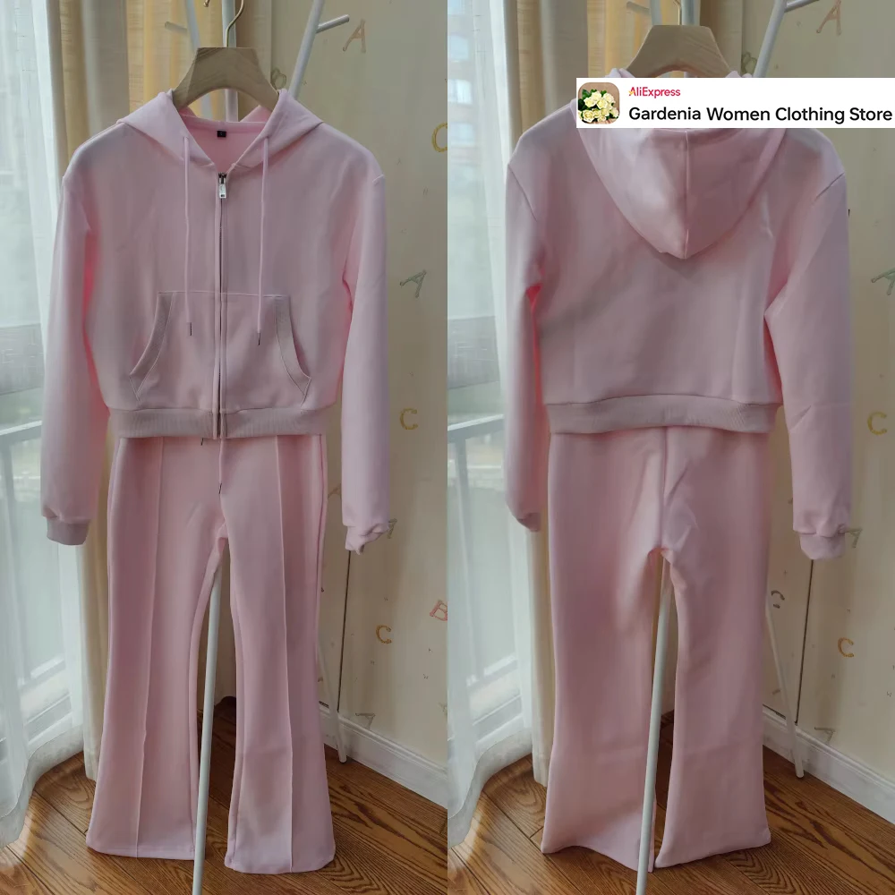 2024 Autumn Women MultiColors 2 Piece Hoodies Set Casual Flare Trousers Sets Interlock Cropped Sweatshirt Plush Front Seam Pants