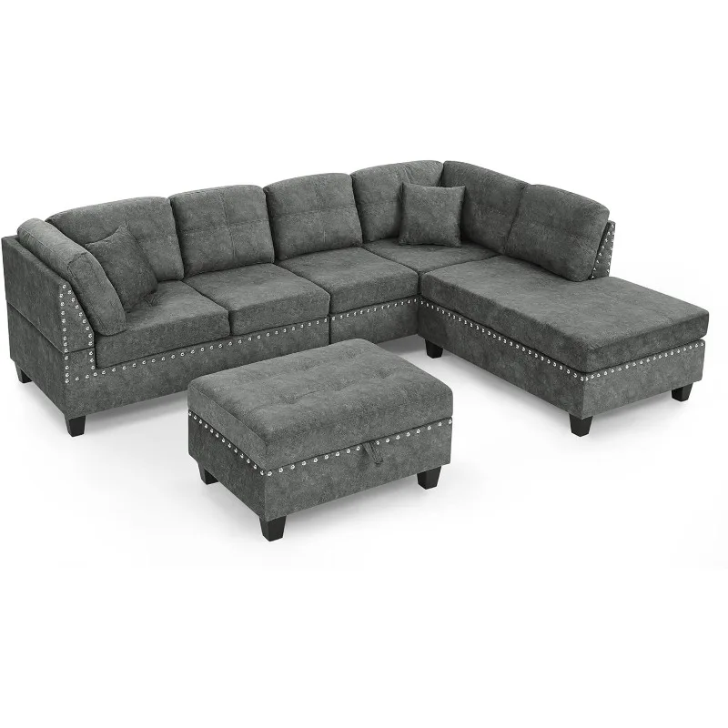 Juegos de muebles para sala de estar, sofá seccional con almacenamiento otomano, 2 almohadas en forma de L y Chaise Reversible Extra ancho, sofá tapizado