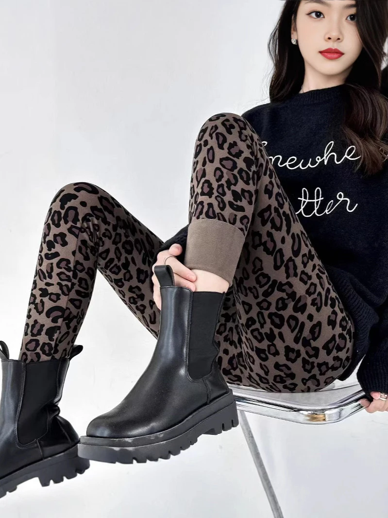 High Waist Fleece Lined Yoga Pants Women's Base Layer Outerwear Spring Autumn Leopard Print Sports Trousers Abdomen Lifting B...