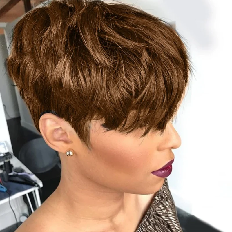 باروكات شعر بشري قصيرة، شعر مستعار بقص عابث مع غرة، شعر مستعار قصير مموج بطبقات سوداء للنساء