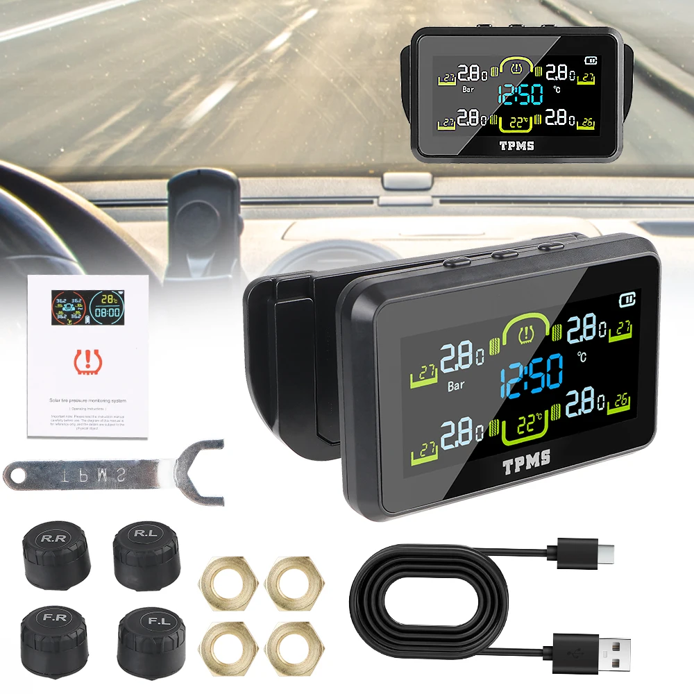 T14-1 Solar TPMS Car Tyre Pressure Monitor Tire Pressure Monitoring System With 4 External Sensors Temperature Warning Fuel Save