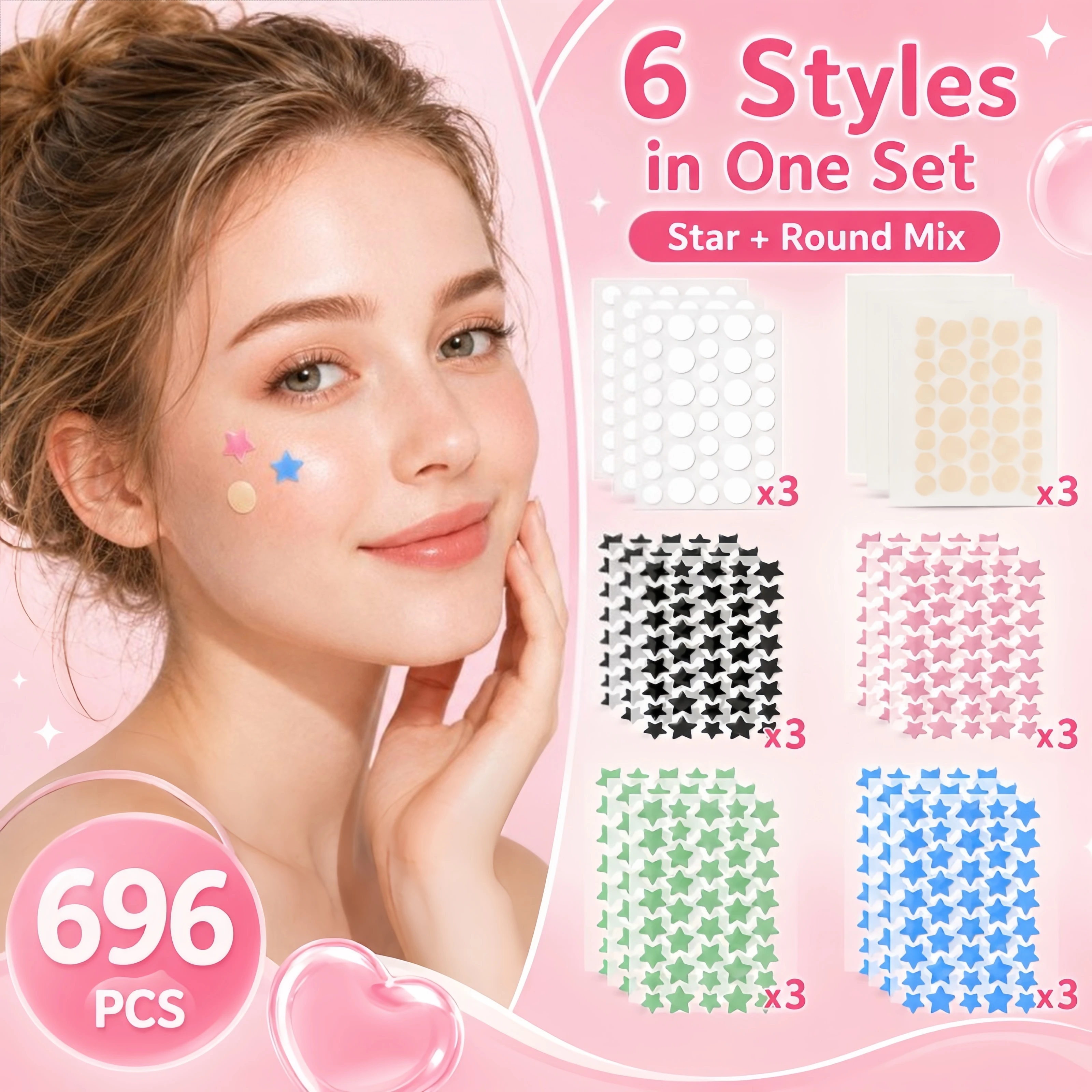 696PCS Cute Face Patch Set, 6 Color Star & Dot Pimple Stickers, 18 Sheets Skin Care Patches for Teens Women Girls