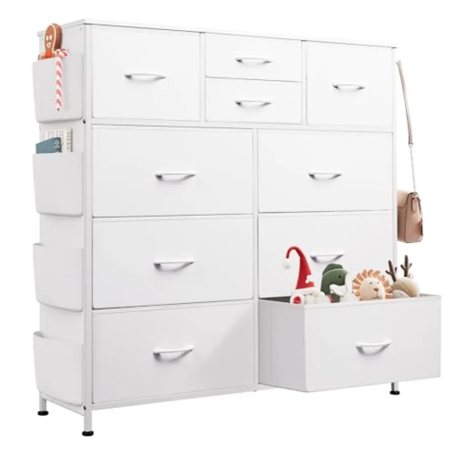 

White 10-Drawer PU Storage Dresser with Metal Frame and Side Pockets for Bedroom Living Room Hallway Closet Organizing Unit