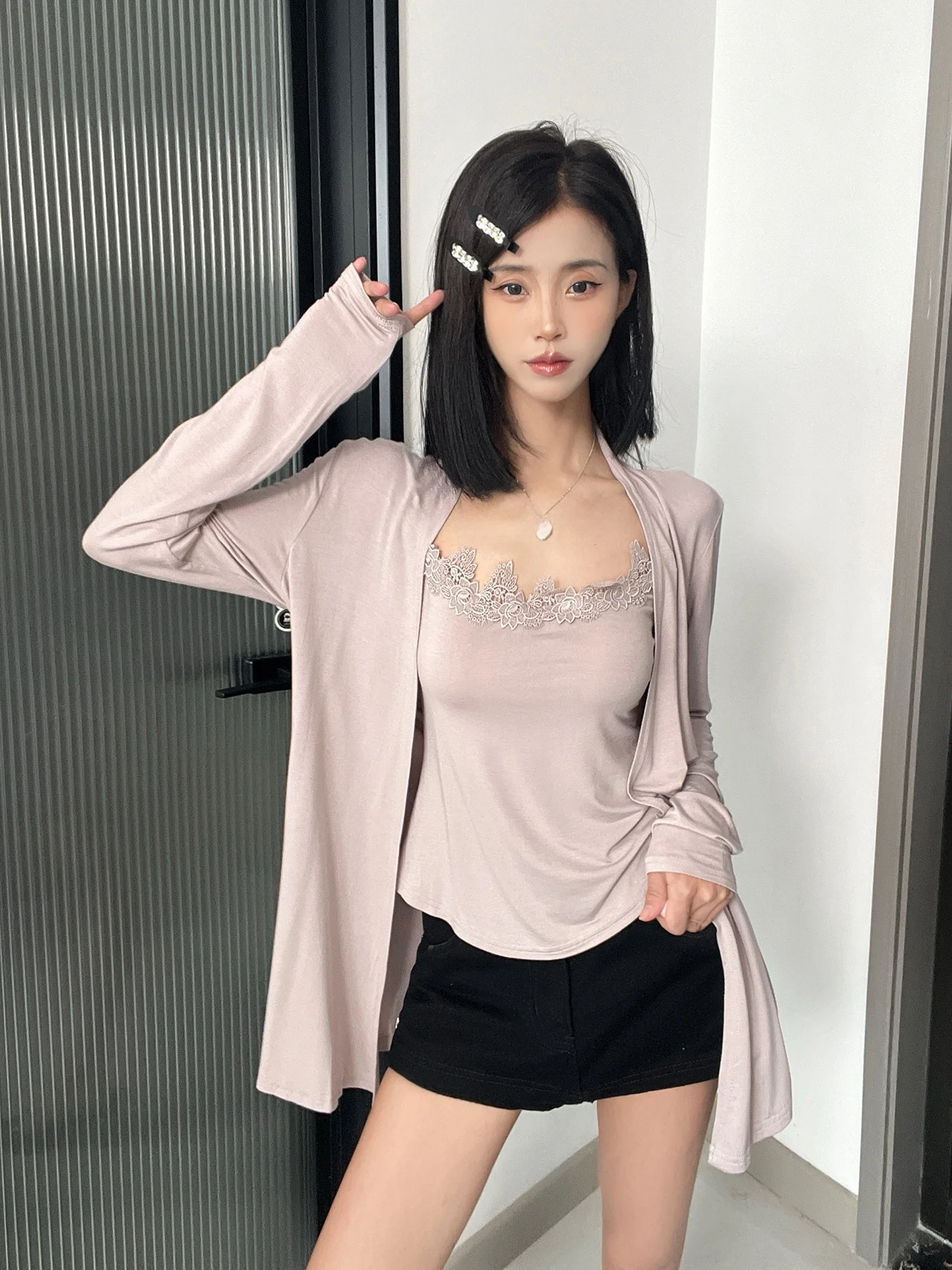 Sexy Pure Desire Spicy Girl Lace Trim Tube Top Women's Knitted Cardigan Shoulder Shawl UV Protection Two-Piece Set Autumn New...