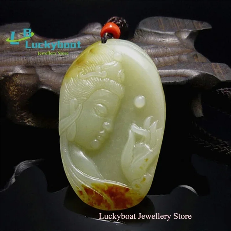 Dropship Natural Hetian Jadeite Seed Material Carved Guanyin Raw Stone Becoming Buddha Nephrite Pendant for Men or Women Jewelry