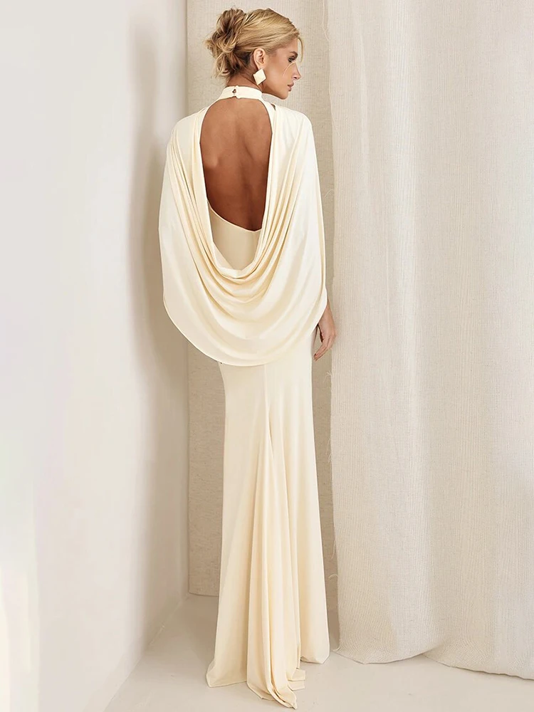Blifanbo Elegant Backless Sexy Maxi Dress Women Bodycon Round Neck Shawl Gown High Waist Club Party Evening Long Dress Female