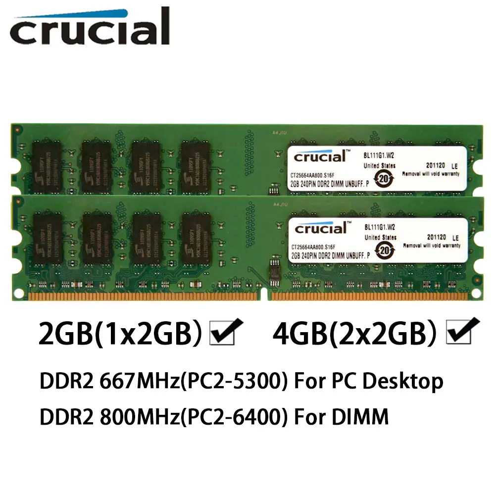 

Оперативная память Crucial DDR2 для настольных ПК, 2 ГБ, 4 ГБ (2x2 ГБ), 667 МГц, 800 МГц, DIMM PC2-6400, PC2-5300, 1.8 В, без ECC, безбуферизованная