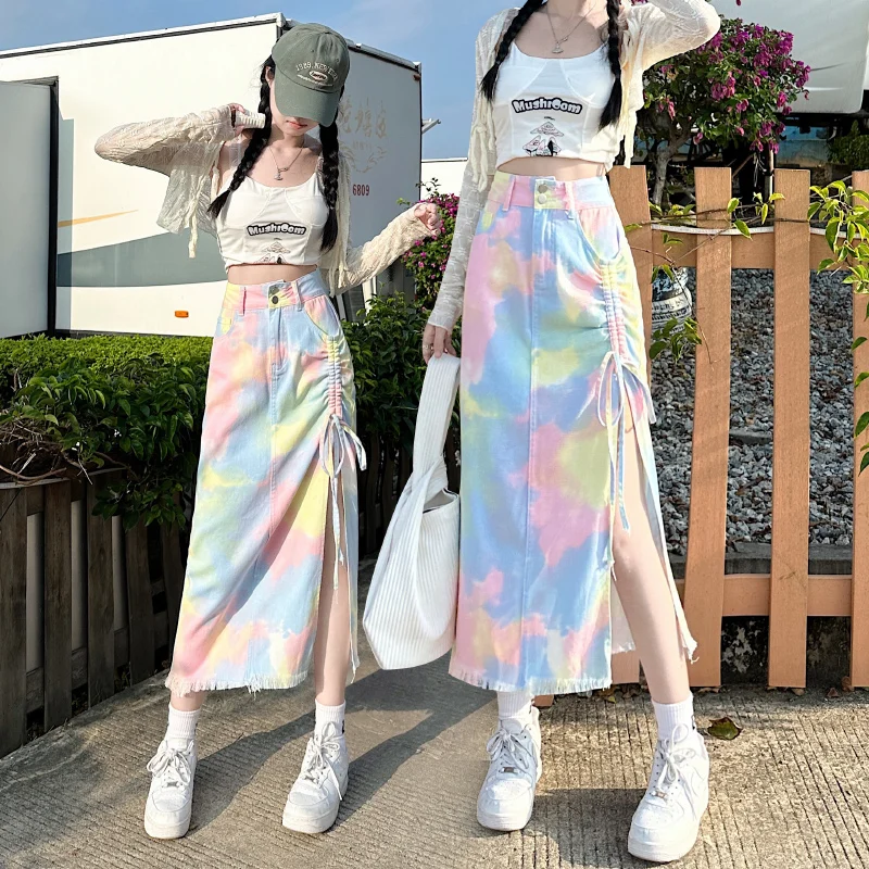 Women's A-line Denim Skirt Vintage Y2k Long Jean Skirt with Slit Harajuku Korean Elegant Cowboy Skirts 2000s Clothes Summer 2024