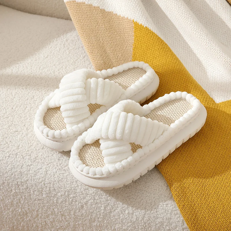 2024 Autumn Winter New Women Home Slippers Open-Toe Cross Band Linen Soled Indoor Slides Linen Soled Non-Slip Bathroom Slippers