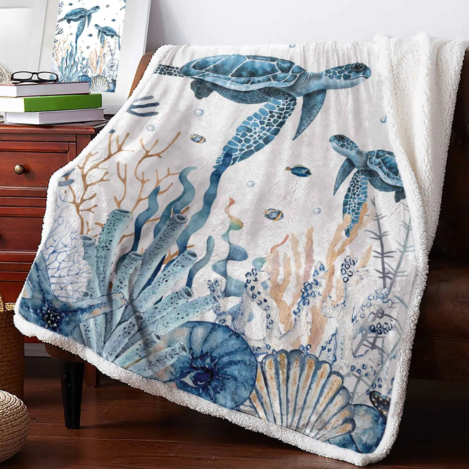 

Summer Ocean Coral Seagrass Sea Turtle Cashmere Blanket Warm Winter Soft Throw Blankets for Beds Sofa Wool Blanket Bedspread