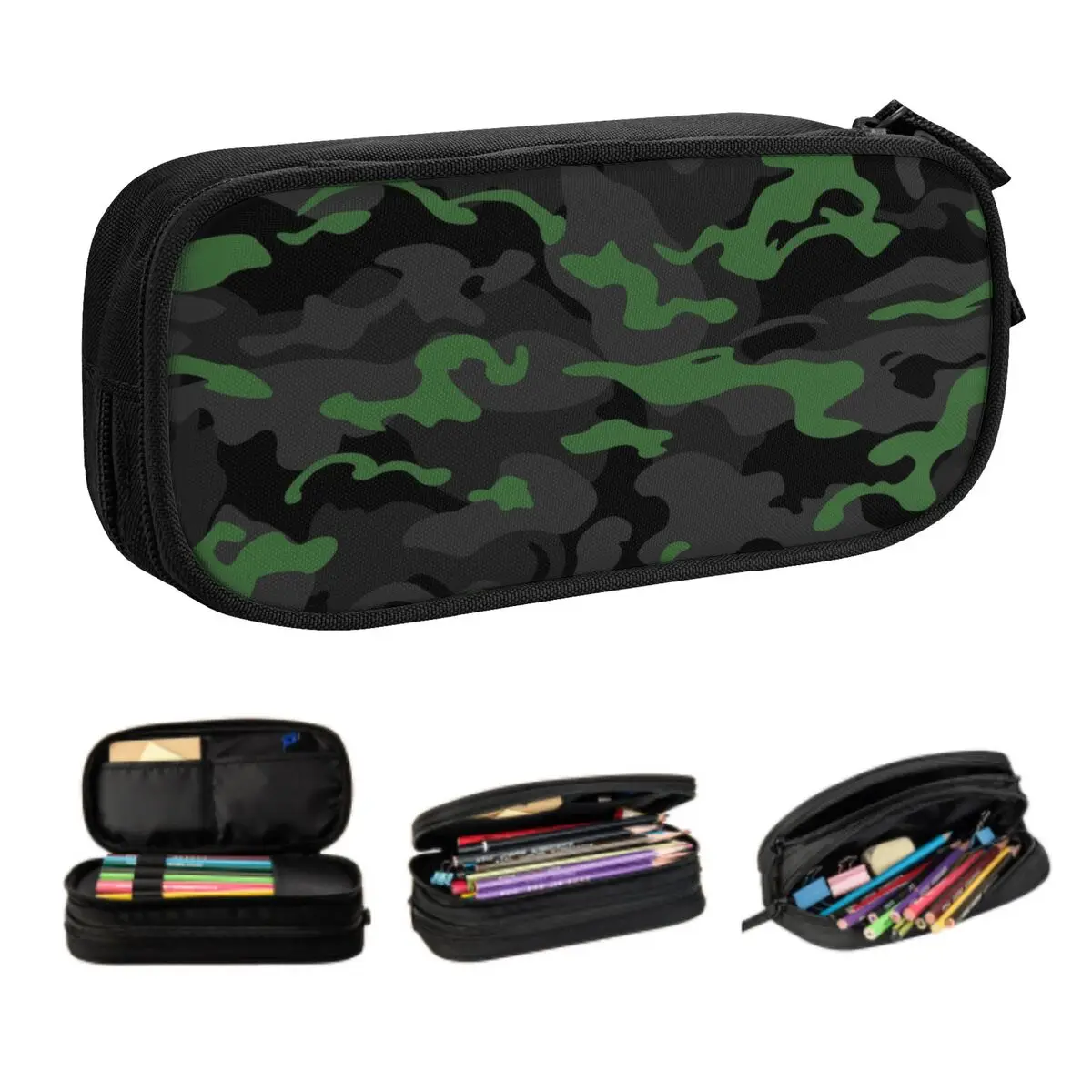 Customized Kawaii Military Camo Black Green Camouflage Pencil Case for Girls Boys Large Storage Pencil Bag Stationery