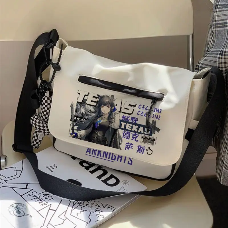 Anime Arknights Rhodeland Shoulder Bag with 6Pcs Badges and 2Pcs Pendants Black White Messenger Cartoon Zipper Crossbody Travel