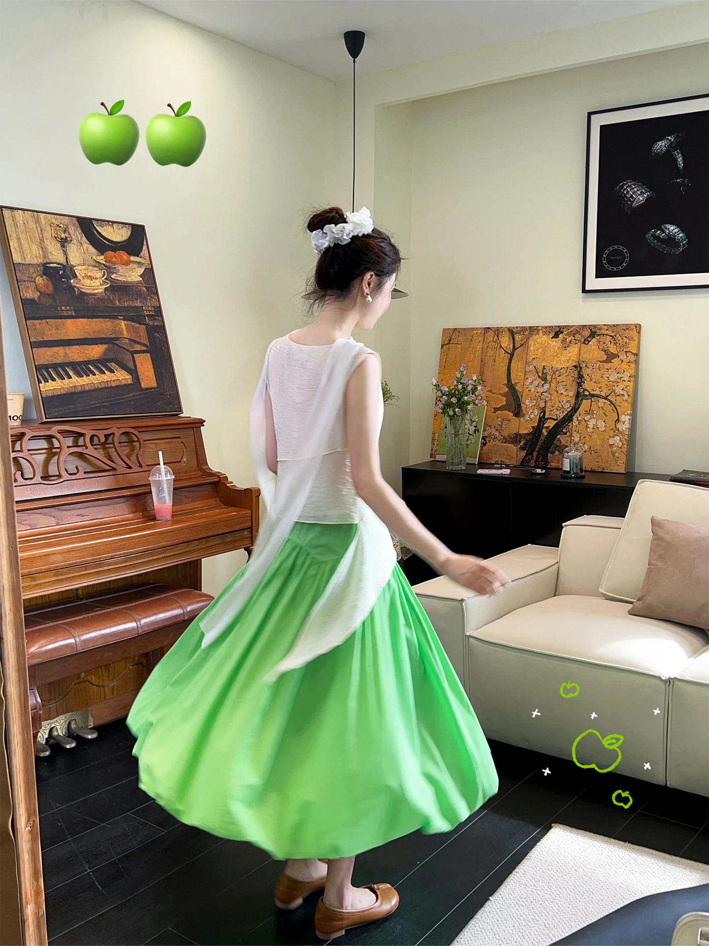 Retro  Green Half Skirt Women's Cotton Elastic Waist A-Line Bloom Skirt Summer 2026 Ladies' Fashion Casual Skirts