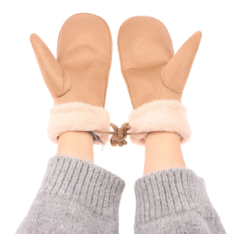 Winter Women Keep Warm Thickened Fleece Suede Halter Gloves Cute Lovely Sweet Cold Protection Mittens