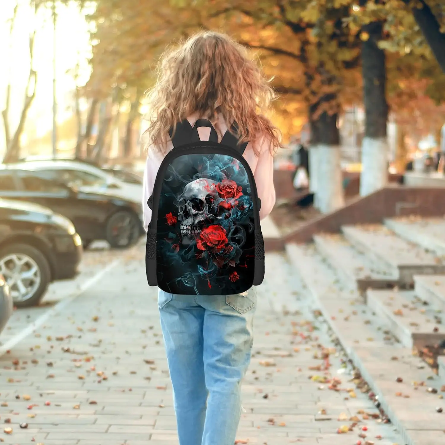 ゴススカルバックパック男の子女の子ゴシックスカル赤いバラブックバッグ小学校中学校バッグ大