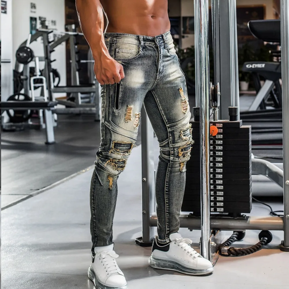 Locomotive Handsome Jeans Men Slim Breathable Invisible Open Crotch Outdoor Sex Gym Casual Denim Ripped Splicing Elastic Vintage
