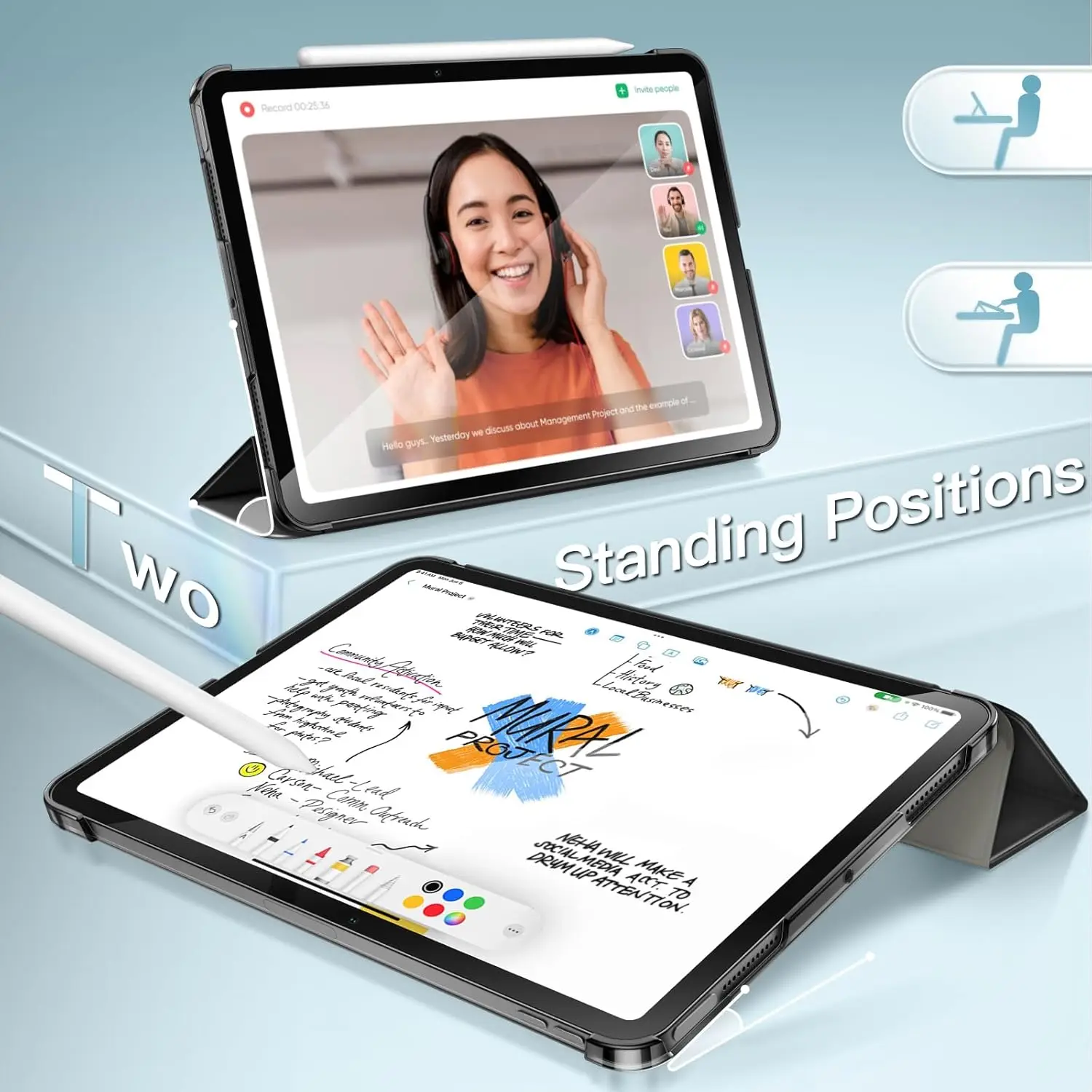 حافظة لجهاز iPad Air مقاس 11 بوصة M3/M2 (2025/2024)، iPad Air 5/4 (2022/2020 الجيل الخامس/الجيل 10.9 بوصة)، غطاء صلب بحامل نحيف