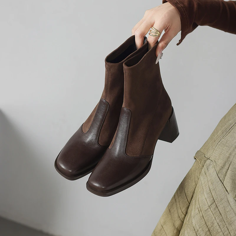 2026 autumn winter women ankle boots natural leather plus size 22-25cm split leather+stretch microfiber square toe skinny boots