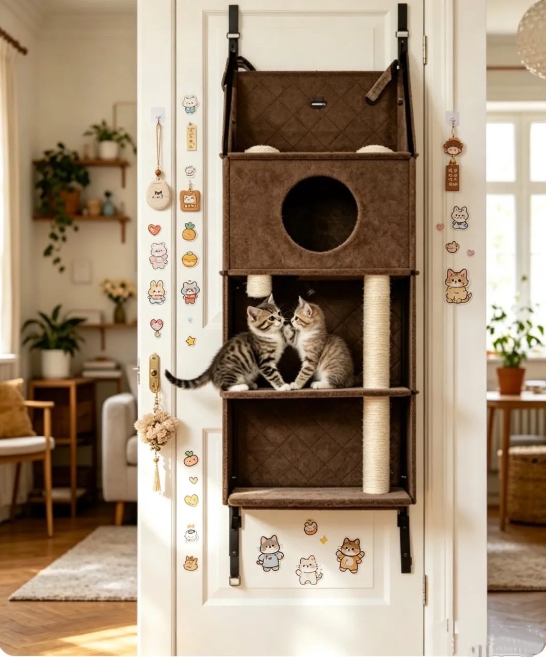

Door-mounted Cat Climbing Frame, 4-Tier Hanging Cat Tree with Hammock, 420D Oxford Fabric Pet Climber with 2 Toys, Hanging Design for Door, Holds 2-3 Cats Indoor Modern Cat Furniture