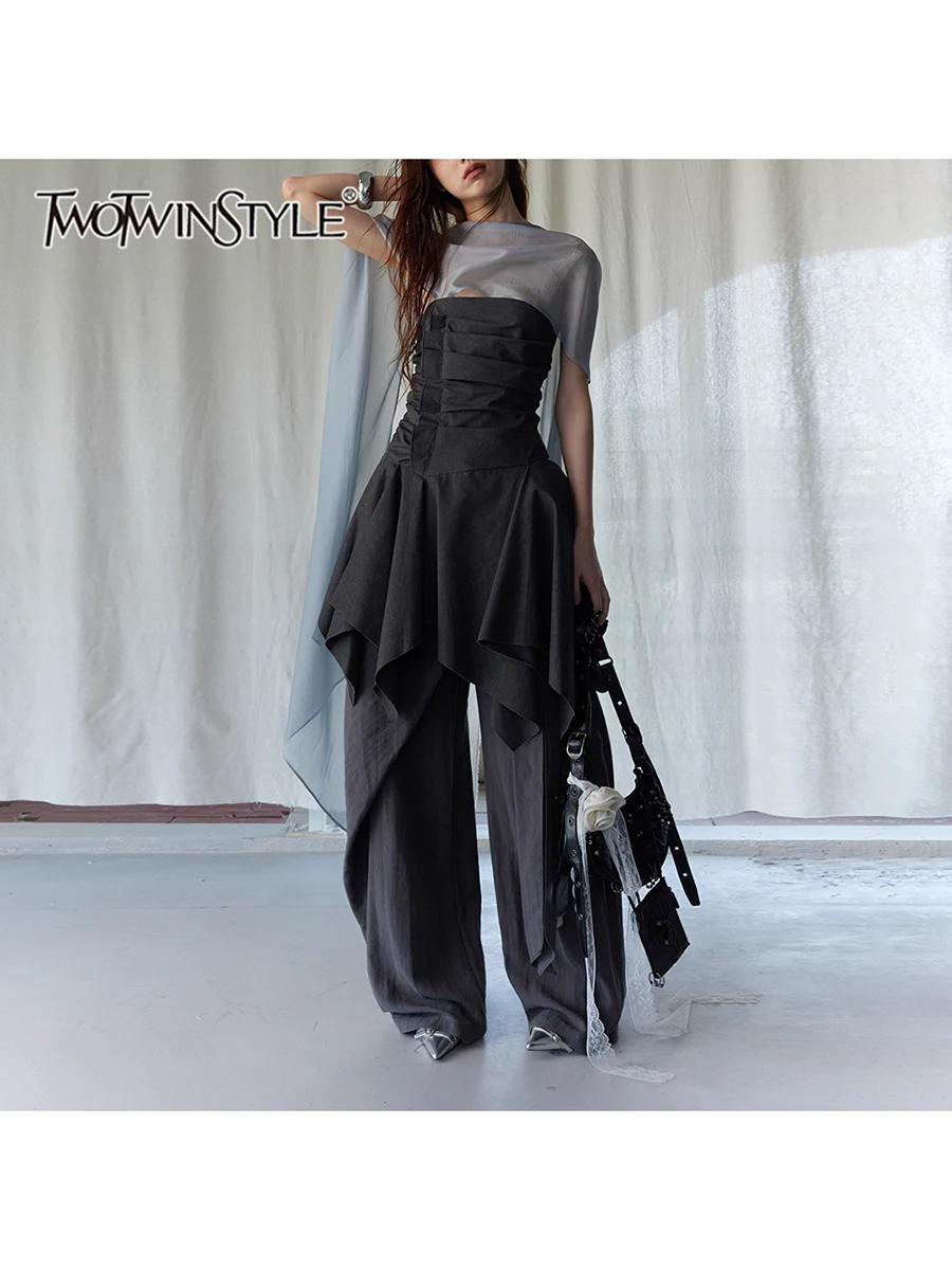 

TWOTWINSTYLE Hit Color Slimming Spliced Folds Vests For Women Strapless Sleeveless Tunic Long Vest Female Fashion Style Clothes