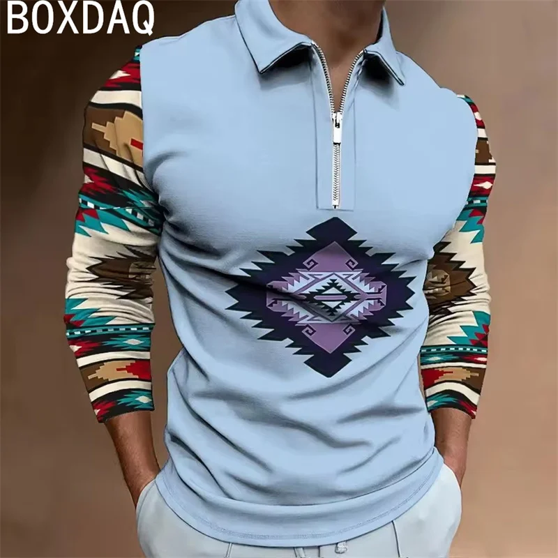 Spring&Summer New Men's Ethnic Style Printed Spliced Polo Shirt Oversized Men Long Sleeve Turn-Down Collar Business Casual Polos