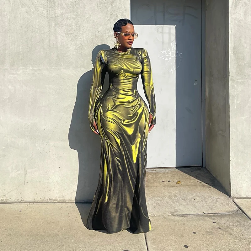 Moda impressão manga longa fino ajuste maxi vestido em torno do pescoço outono 2024 vestido feminino transoceanic estilo transfronteiriço