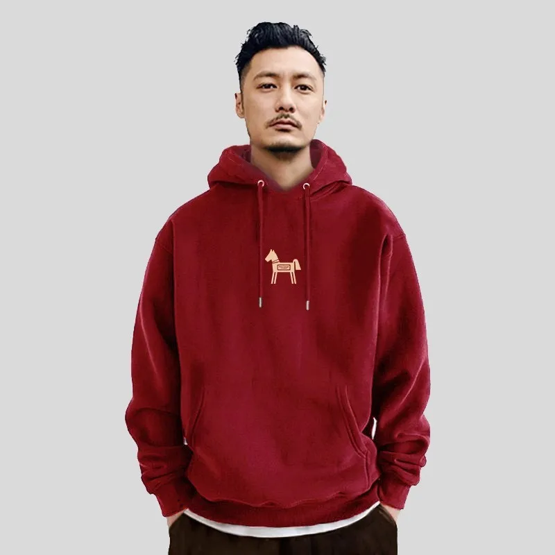 

Thiened Hooded Sweatirt Men's Winter New Sle Wine Red Fce Inner National Trend Year Couple's Outerwear Top