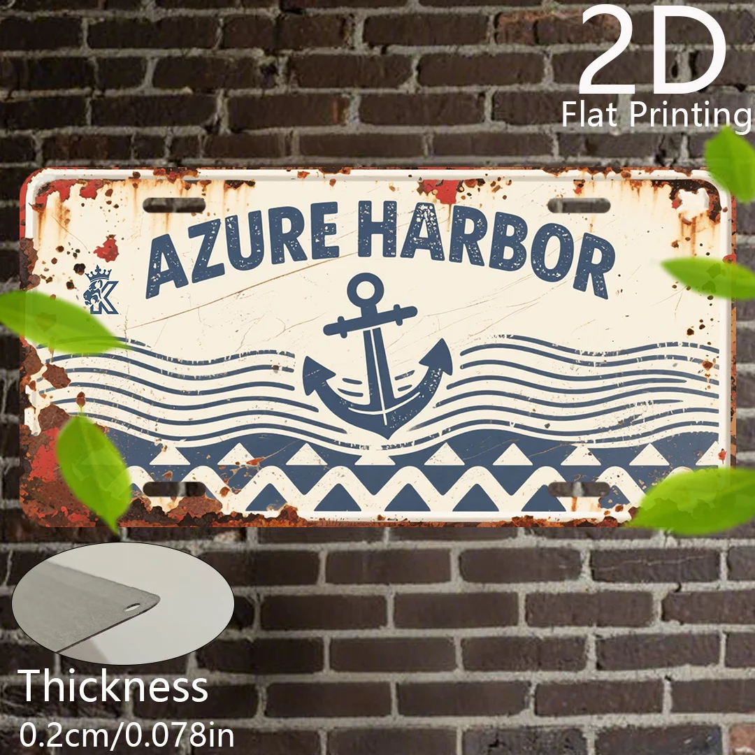 2D Flat, Vintage Aluminum Sign, 2D Flat Print, 1pc, Decorative Plaque and Ornament (15.24cm x 30.48cm), Azure Harbor Anchor, Wav