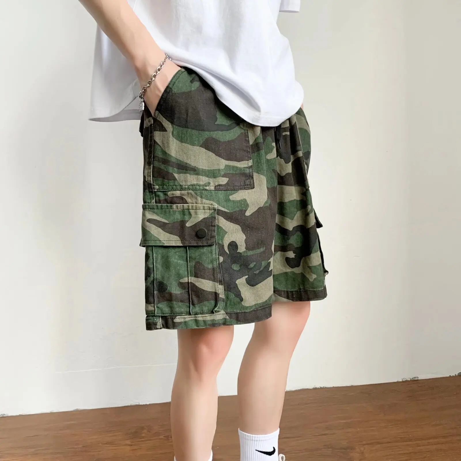 Cargo Shorts Men Casual Loose Daily Summer Drawstring Camouflage Large Pocket Knee-length Japanese Style Fashion All-match Chic