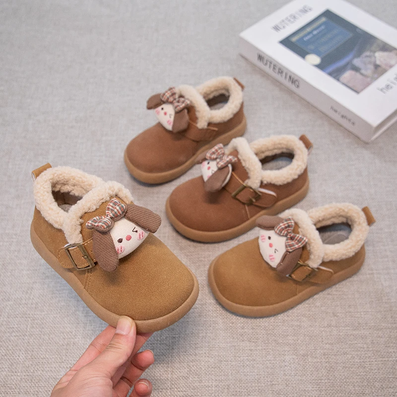 

Children Flat Shoes Cute Puppy Kids Casual Shoes Suede Warm Round Toes 2025 Winter New Girls Leather Shoes Soft Bottom Non-slip