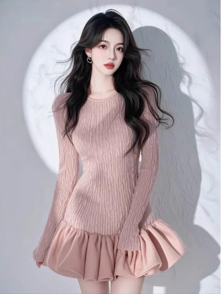 Temperamento rosa floral bud vestido rosa para mulheres primavera outono luxo cintura mostrar magreza camada interna emparelhado vestidos curtos