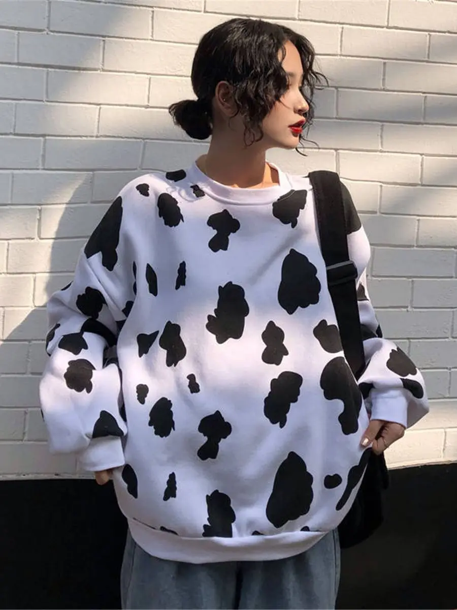 Cute Autumn Hoodie Sweatshirt Women Tops Loose Casual Milk Print Hoodie Streetwear Girl Pullover Japan Hoodies Funny Female