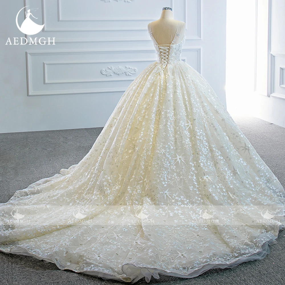 Aedmgh Ball Gown Abiti da sposa vintage O-Collo senza maniche Vestido De Novia Pizzo lucido Corte dei treni Abito da sposa su misura