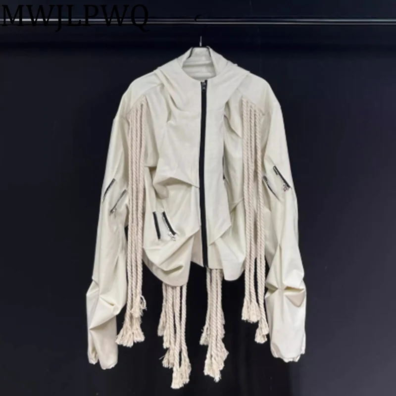 

MWJLPWQ Pleated Drawstring Niche Design Male Hooded Jacket Fashion High Street Long Sleeve Zipper Short Loose Couple Tops 010857