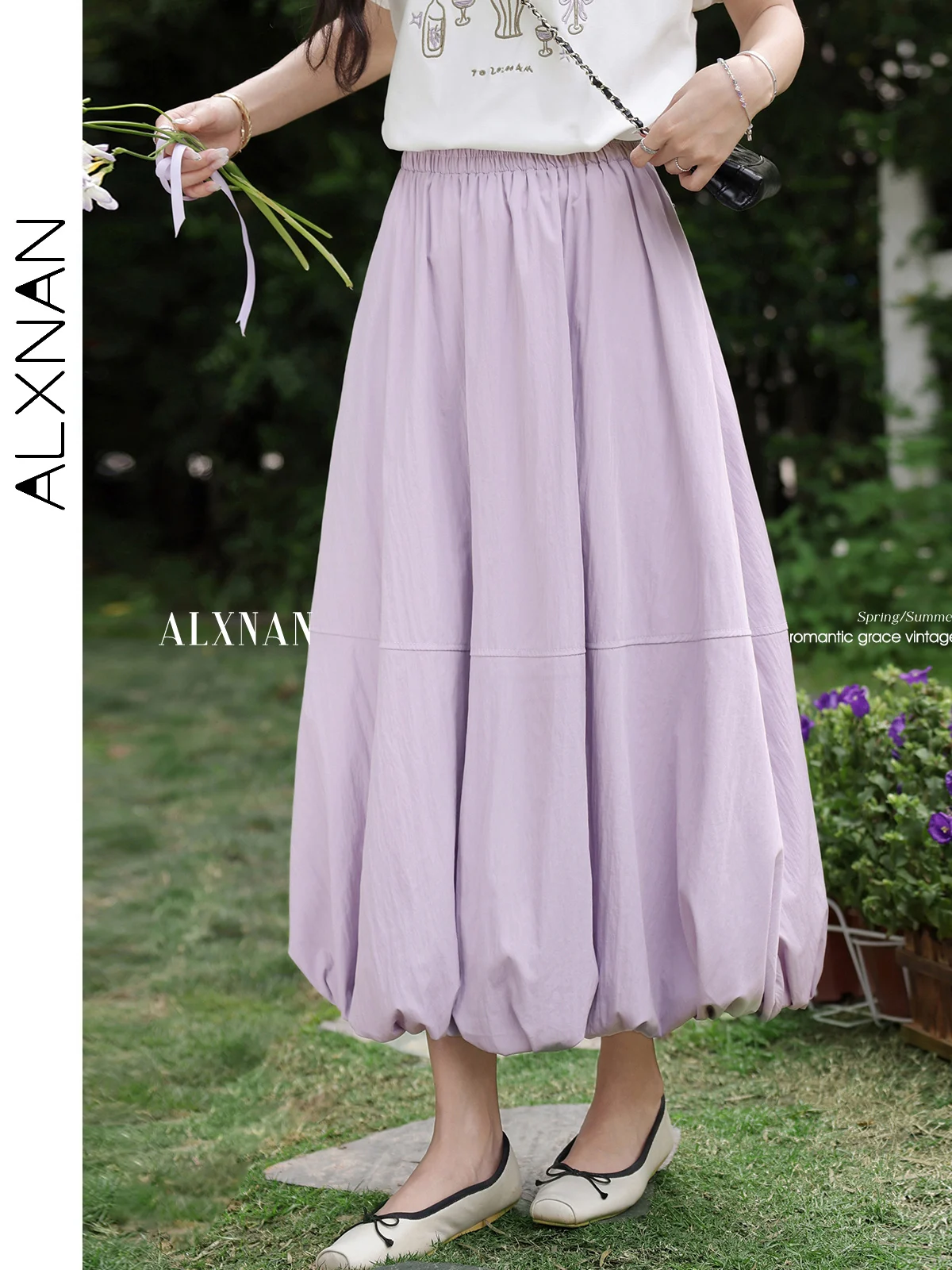 ALXNAN Plus Size Purple Skirt Women 2026 Long Elegant Flower Bud Skirt A-line Loose-fit Elastic Waist Ladies Clothing New D10585