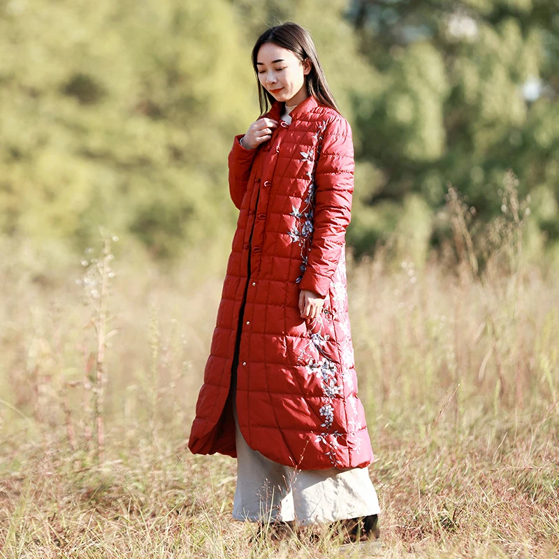 

Легкое пуховое пальто Ele Long, женское, в этническом стиле, ретро-дизайн, однотонное, удобное для повседневной носки