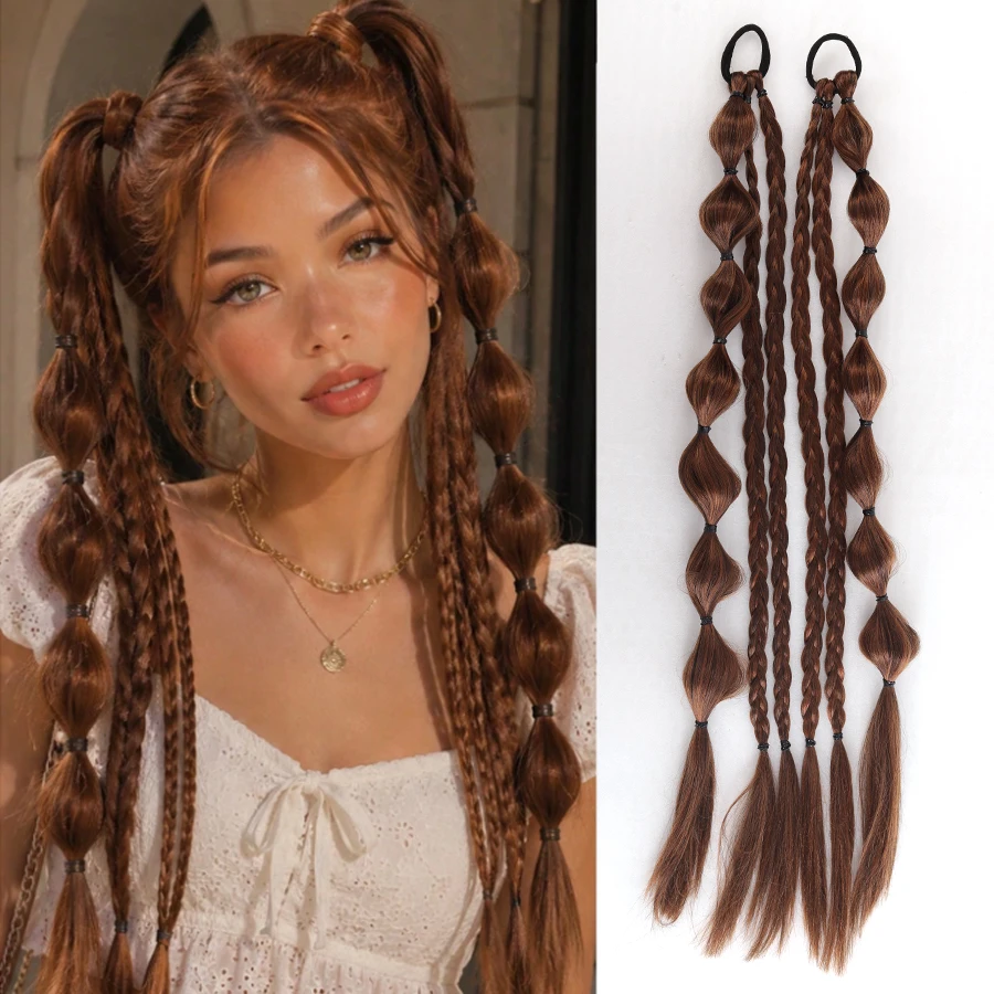 Synthetic Bubble Braid Ponytail, Lantern Shape Long Braided Wig with Elastic Hair Tie, Y2K Cosplay Party Daily Hair Accessories