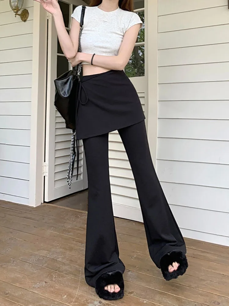 Chic Women Pants Fake Two Piece Patchwork High Waist Slim Flare Pants Black Streetwear Female Fashion Long Trouser