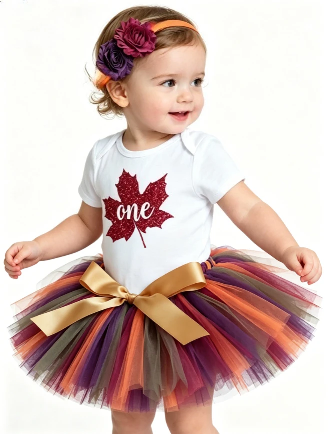 

Baby Tutu Outfit Maple Leaf Print Infant Bodysuit With Flower Headband 3Pcs Summer Short Sleeves Baby Shower Holiday Party Set